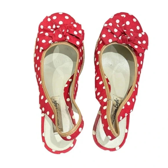 Vintage Red Polka Dot Slingback Wedge Heels Size 8.5 Retro Pinup Parisian Chic - Picture 3 of 12